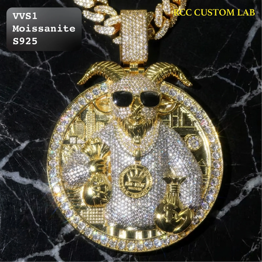 A gold and silver moissanite pendant necklace featuring a goat character wearing sunglasses and a diamond-encrusted suit, displayed on a black marble background. The text 'VVS1 Moissanite S925' and 'RCC CUSTOM LAB' are visible in the corners.
