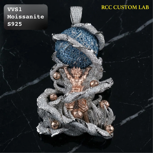 An intricate custom lab-created gemstone pendant on a black marble background. The pendant features a central figure in rose gold surrounded by swirling silver pavé chains and a textured blue Moissanite sphere.
