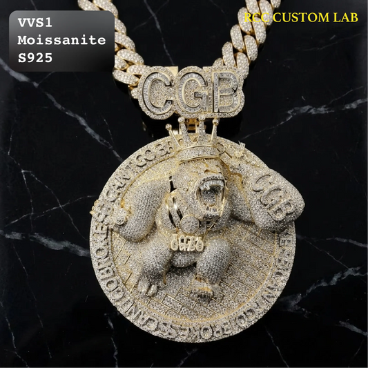 A large gold-tone gorilla pendant necklace with a matching chain and 'CGP' lettering on the bail, displayed on a black marble background. Text overlays read 'VVS1 Moissanite S925' and 'CGP CUSTOM LAB'.
