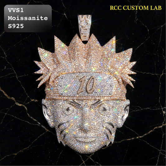 A highly detailed Naruto anime pendant featuring a face and headband design, heavily embellished with sparkling rhinestones. The pendant is displayed on a black marble background with text overlays indicating 'VVS1 Moissanite S925' and 'RCC CUSTOM LAB'.