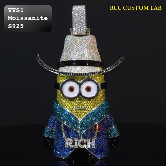 A custom rhinestone-embellished Minion figure wearing a sparkling silver cowboy hat and blue jacket, displayed against a black background with product text overlays.