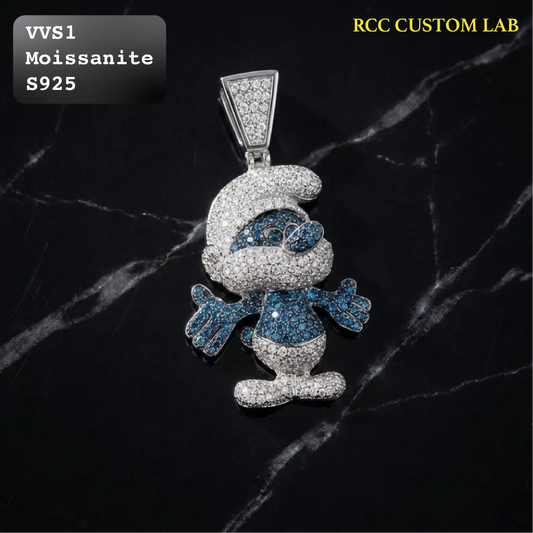 Iced out Smurf character pendant paved with blue and white VVS1 moissanite in S925 sterling silver.