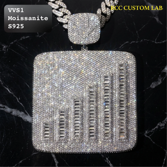A square-shaped diamond-encrusted pendant necklace with a bar-chart design, shown on a black marble background. The pendant is topped by a matching diamond-encrusted chain.