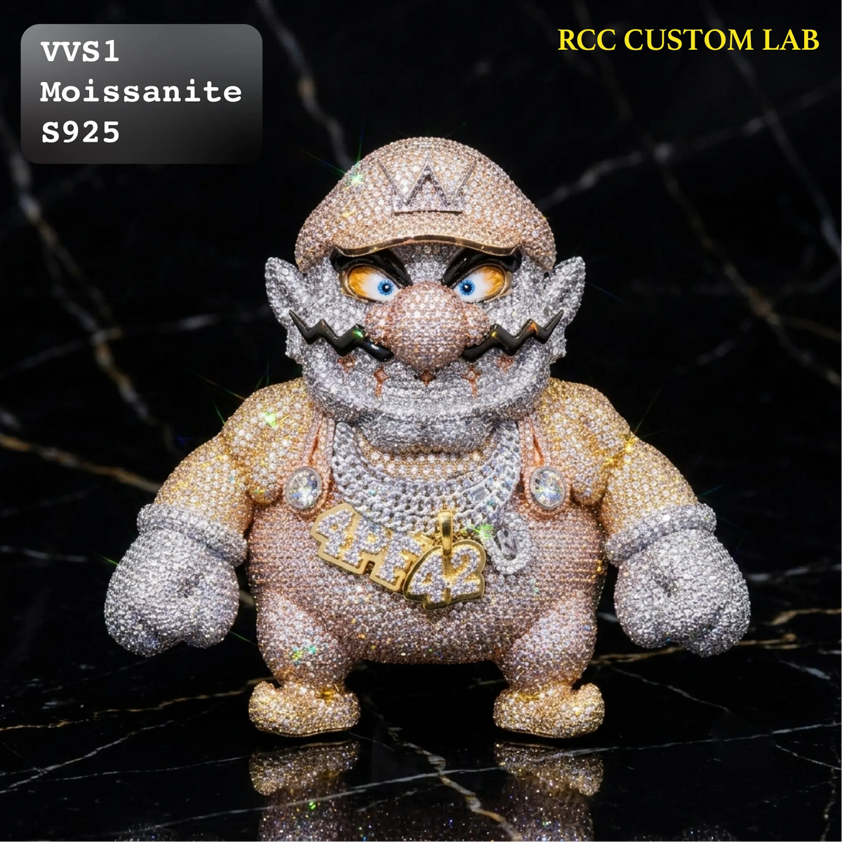 A custom Moissanite Mario figurine by RCC Custom Lab, encrusted with shimmering Moissanite and gold, standing on a black marble background. Features text overlays 'VVS1 Moissanite S925' and 'RCC CUSTOM LAB'.