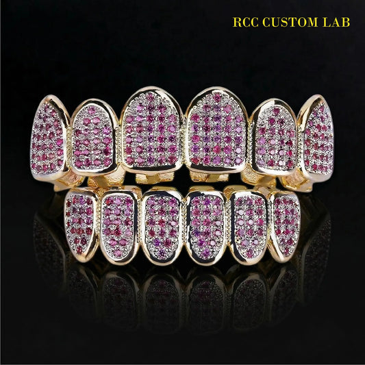 Pink Ruby Pave Gold Grillz【G105】