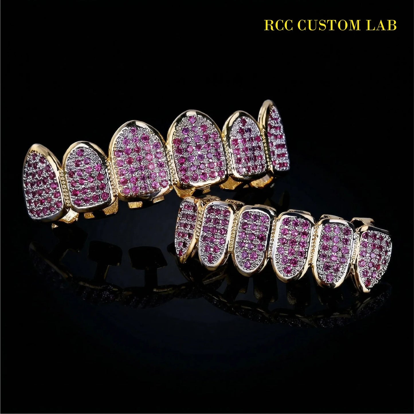 Pink Ruby Pave Gold Grillz【G105】