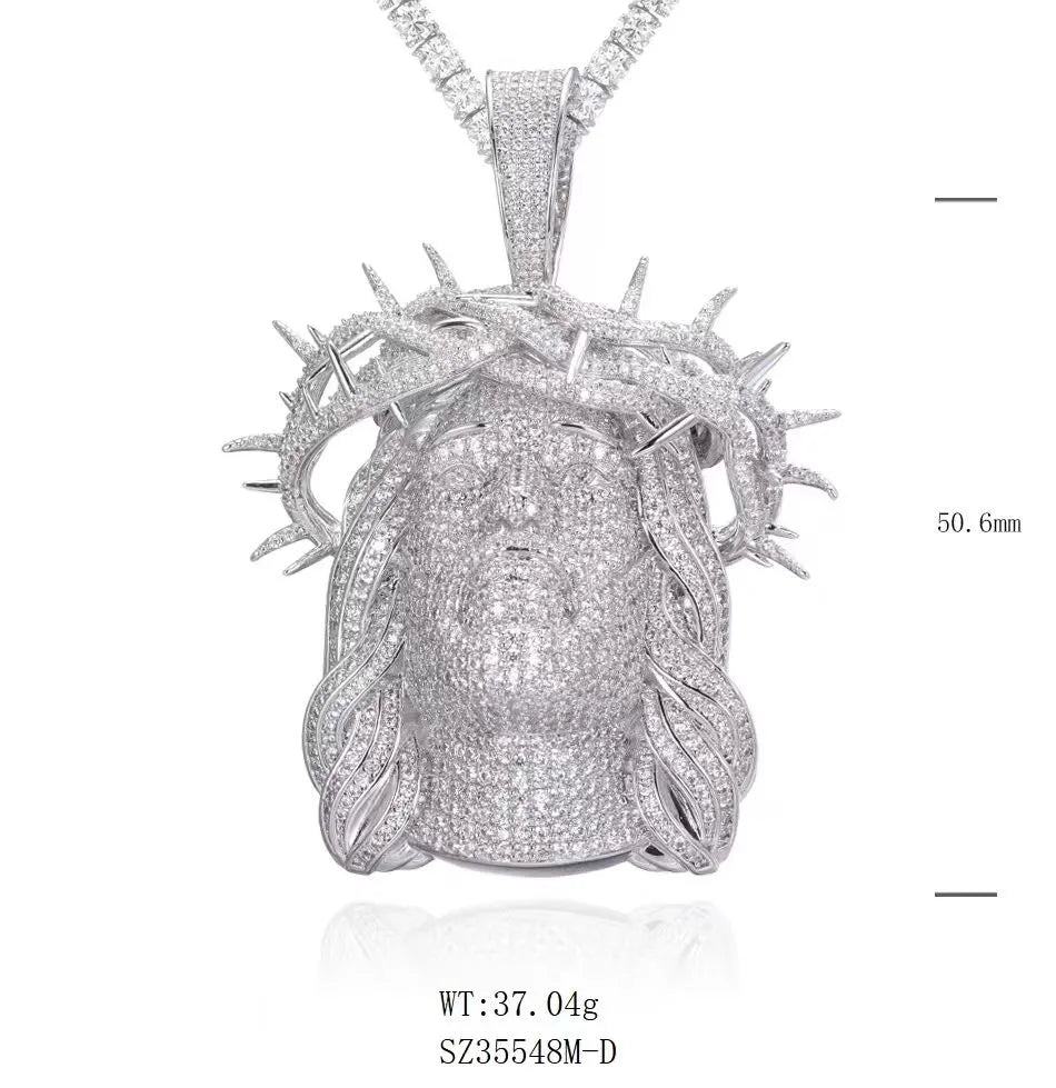 Size and weight dimension chart of iced Jesus head pendant with crown of thorns, marked with 50.6mm height and 37.04g weight, fully paved moissanite hip hop jewelry on white background