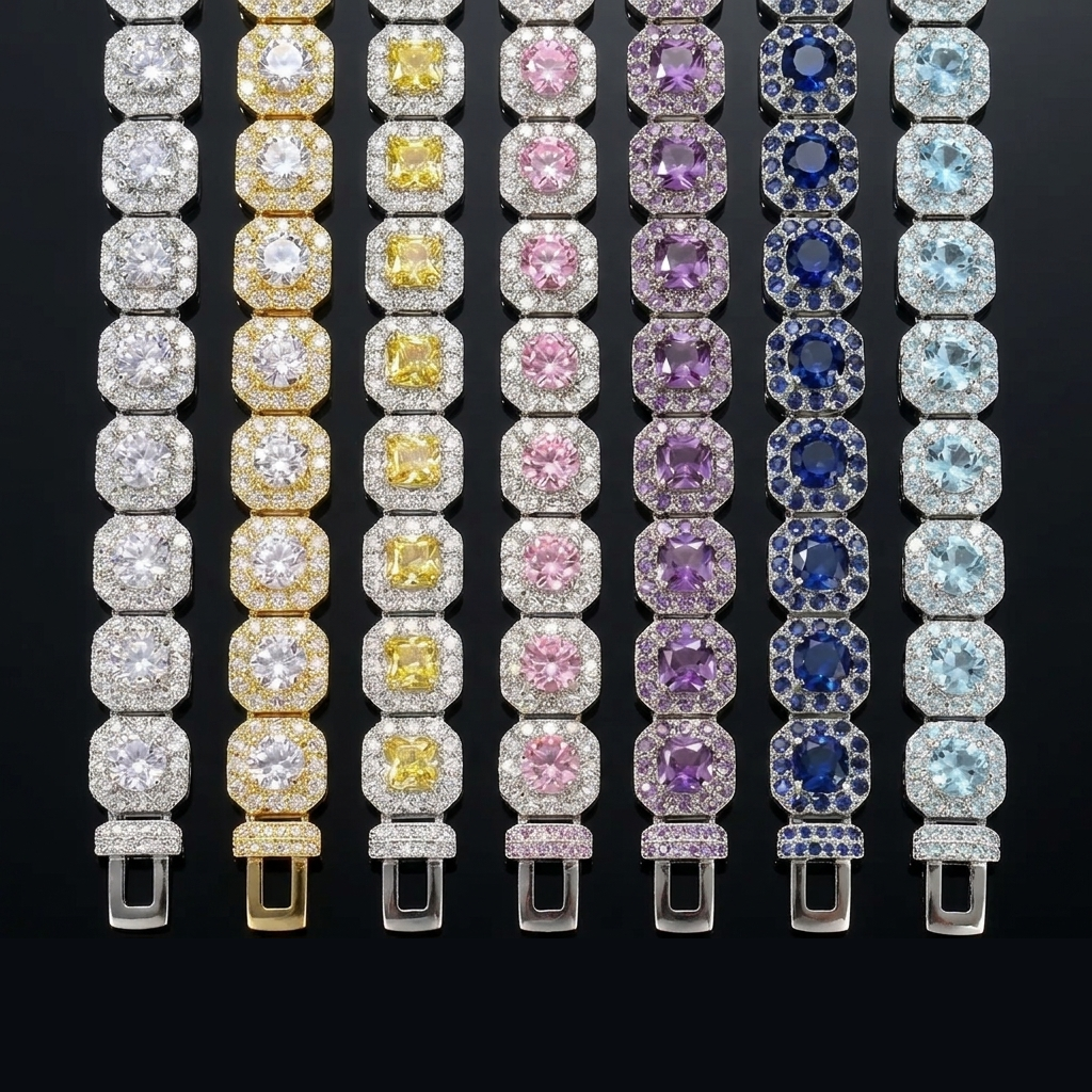 Multi colored square halo cluster moissanite chain collection, silver, gold, yellow, pink, purple, blue gemstone versions side by side, customizable hip hop jewelry