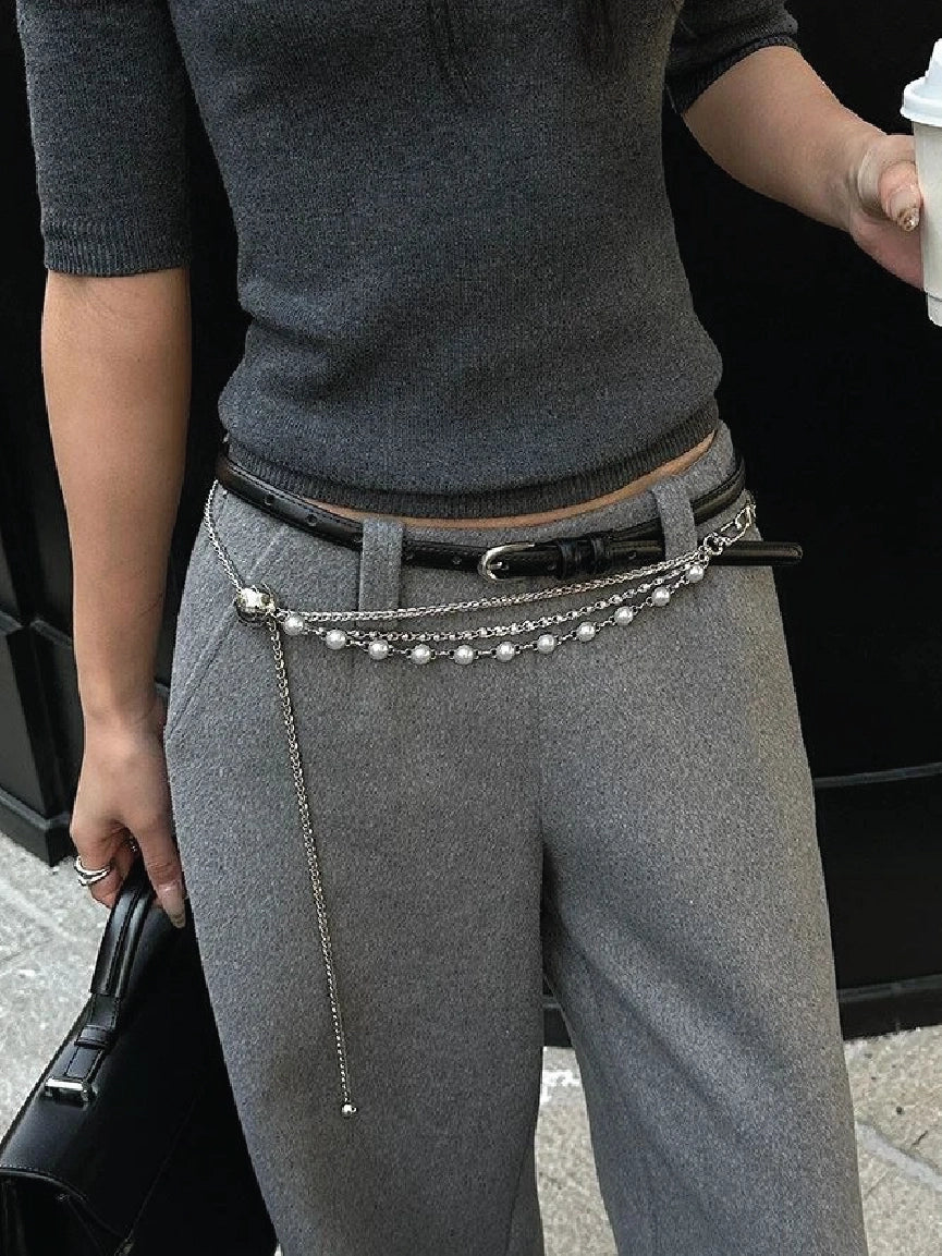 Women Elegant Pearl Rhinestone Multi Layered Silver Waist Chain【M303】