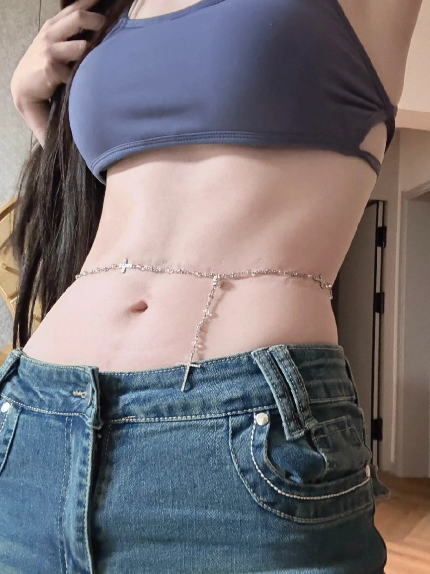 Women Dainty Gothic Cross Charm Beaded Summer Belly Chain【M305】
