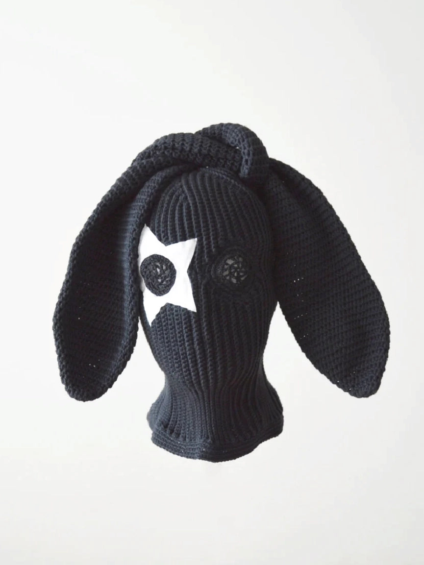 Black Knitted Bunny Ears Star Patch Balaclava【M108】