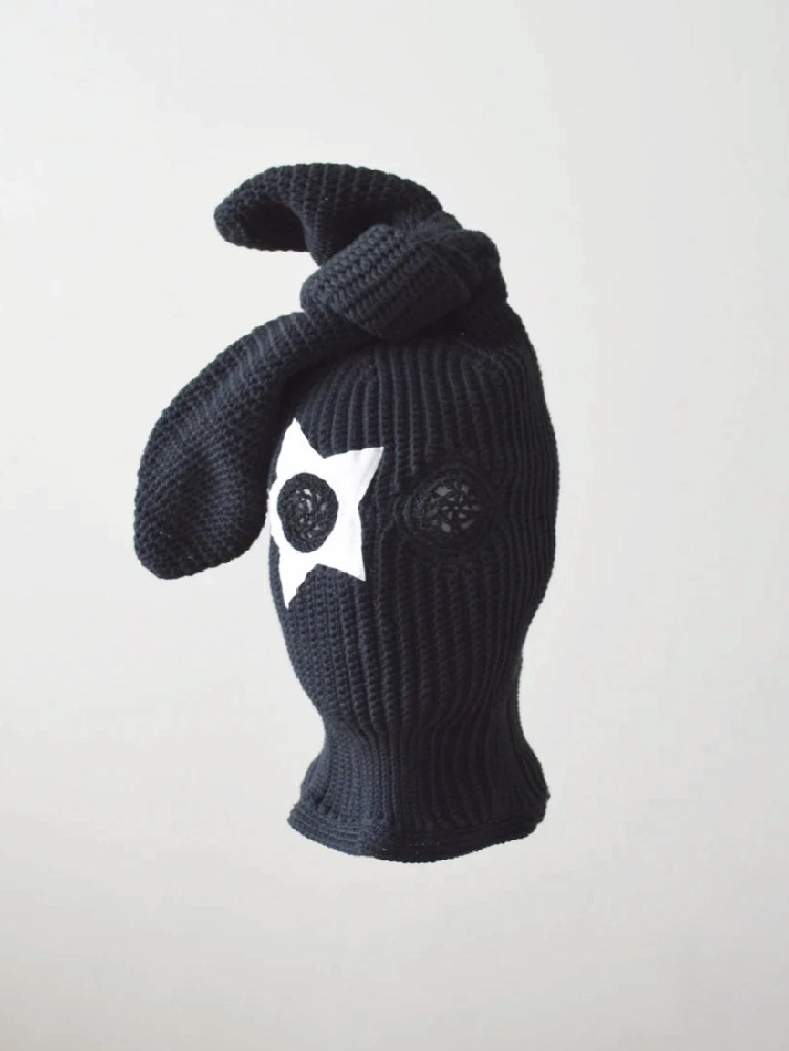 Black Knitted Bunny Ears Star Patch Balaclava【M108】