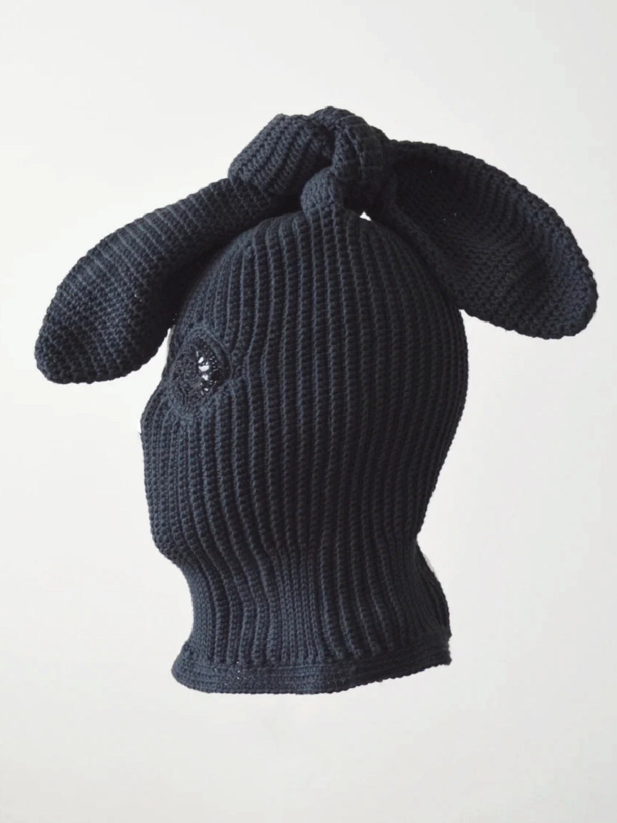 Black Knitted Bunny Ears Star Patch Balaclava【M108】