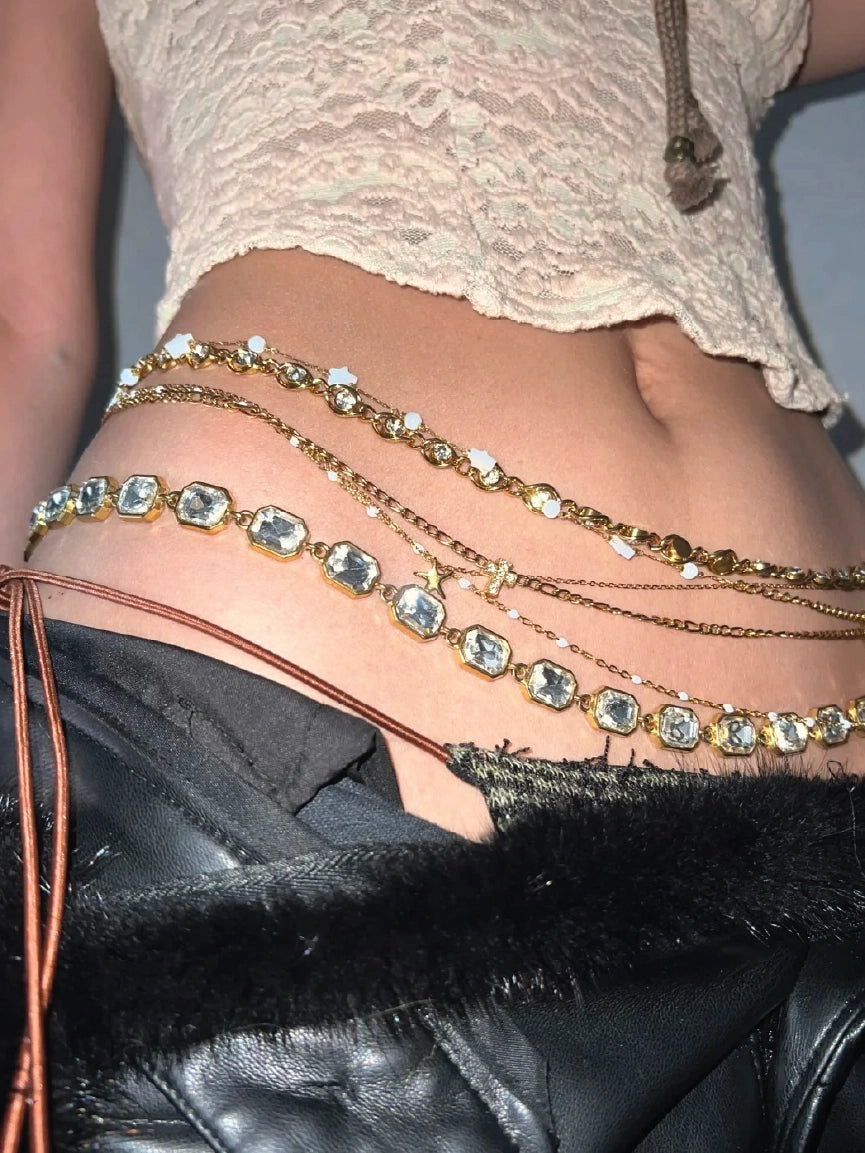 Women Luxury Chunky Crystal Multi Layered Gold Belly Chain【M308】