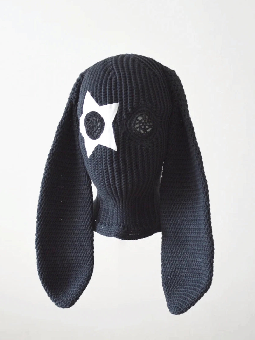Black Knitted Bunny Ears Star Patch Balaclava【M108】