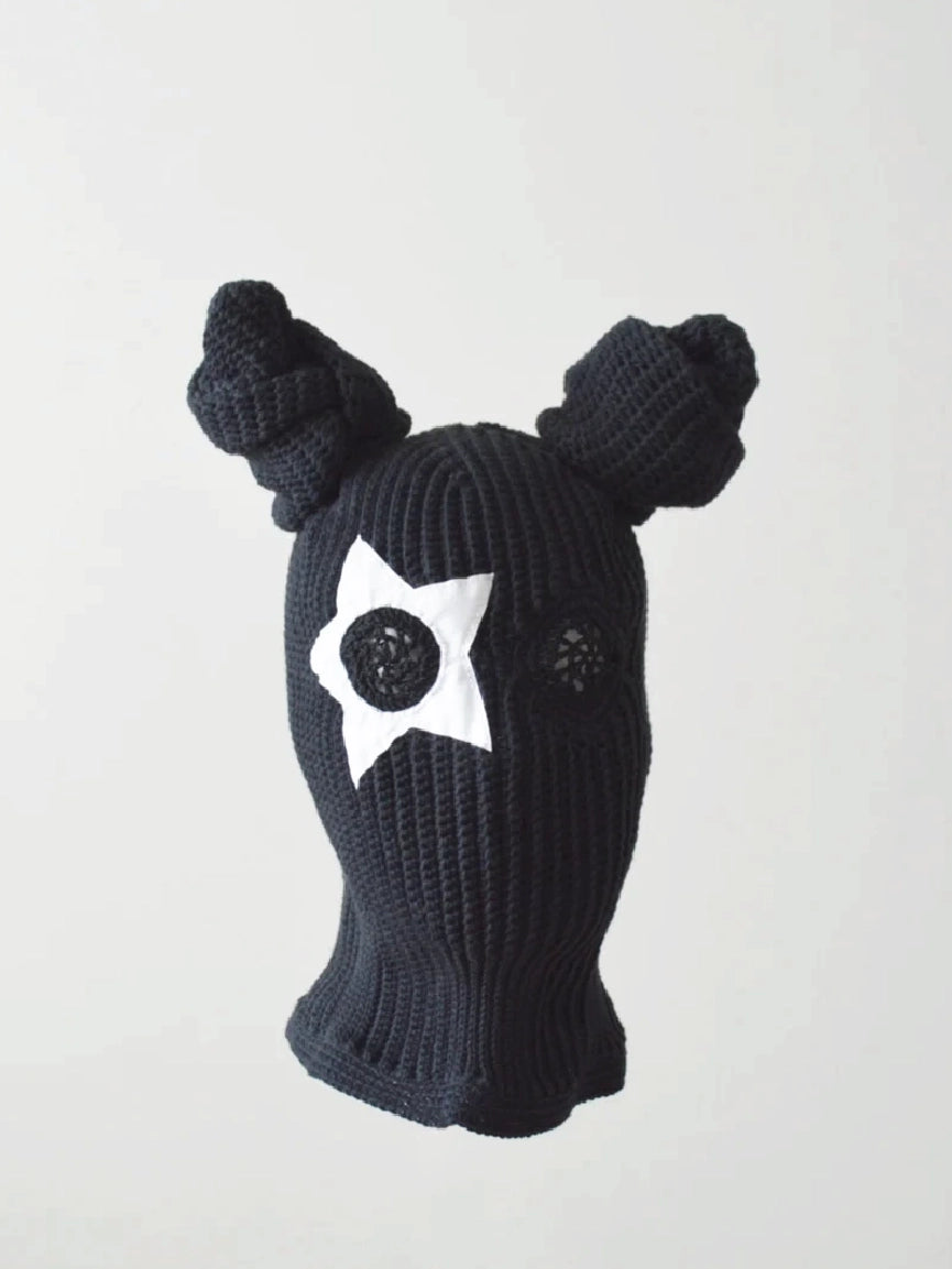 Black Knitted Bunny Ears Star Patch Balaclava【M108】