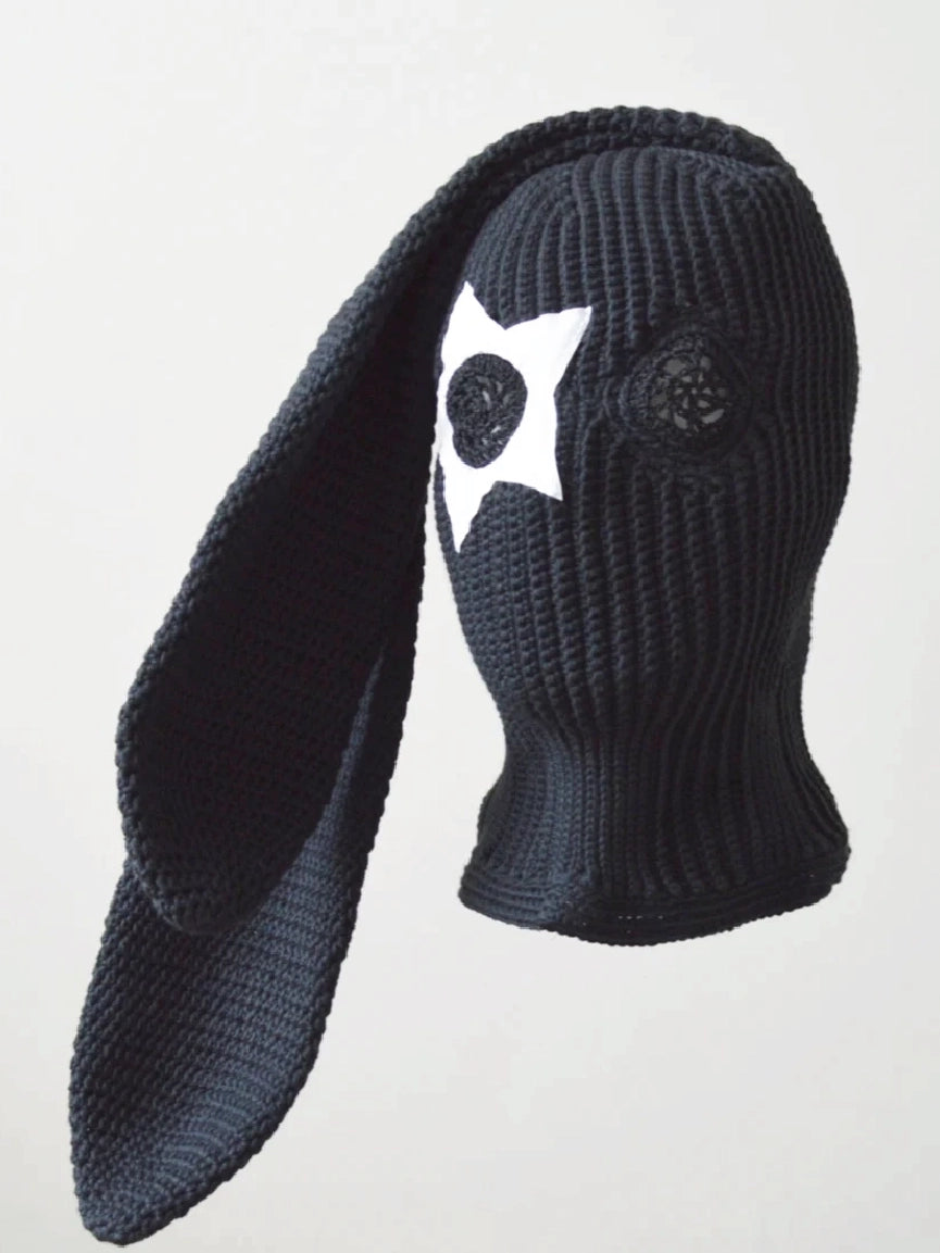 Black Knitted Bunny Ears Star Patch Balaclava【M108】