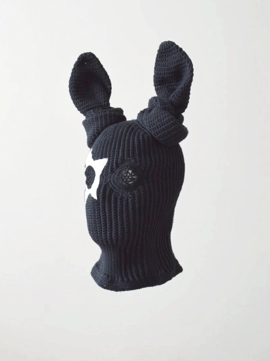 Black Knitted Bunny Ears Star Patch Balaclava【M108】