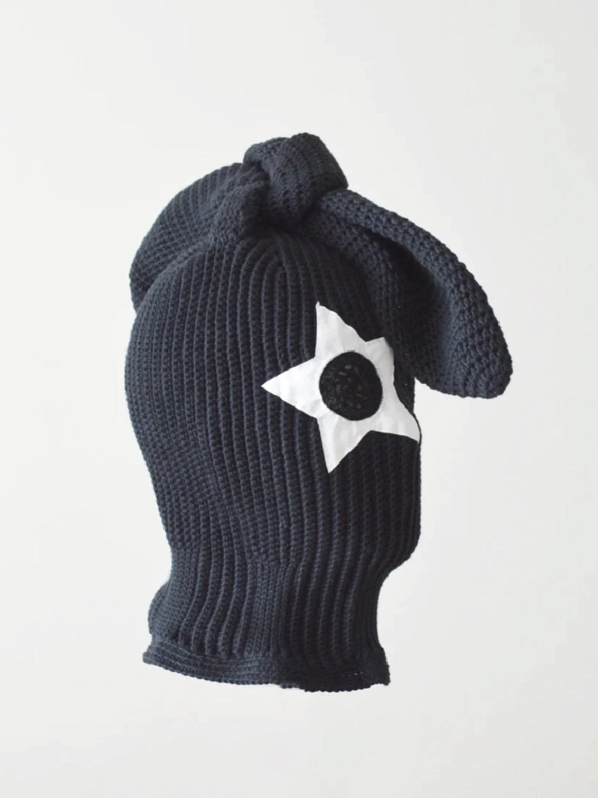 Black Knitted Bunny Ears Star Patch Balaclava【M108】