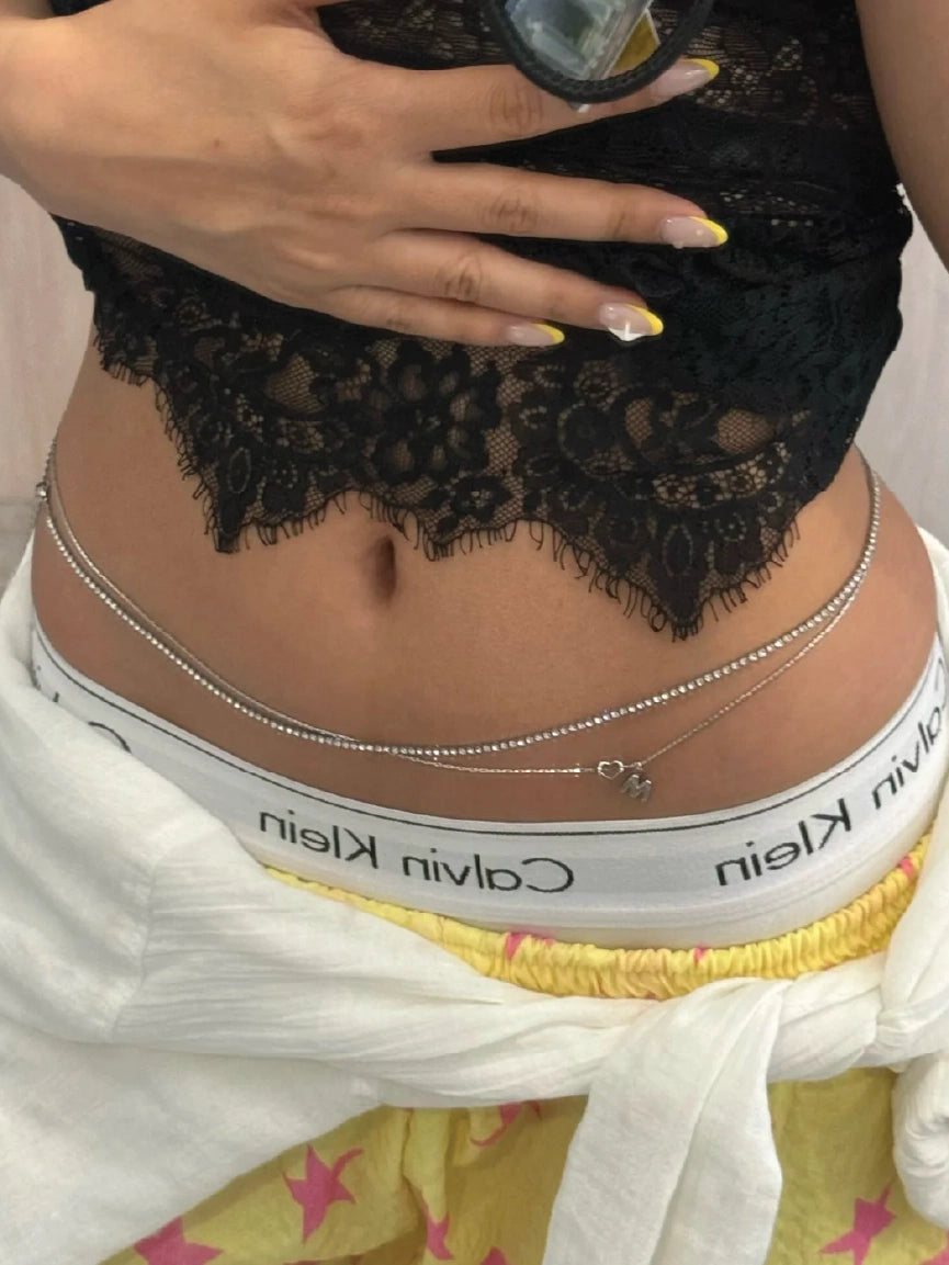 Women 2-Piece Crystal Tennis and Initial Heart Layered Belly Chain【M309】