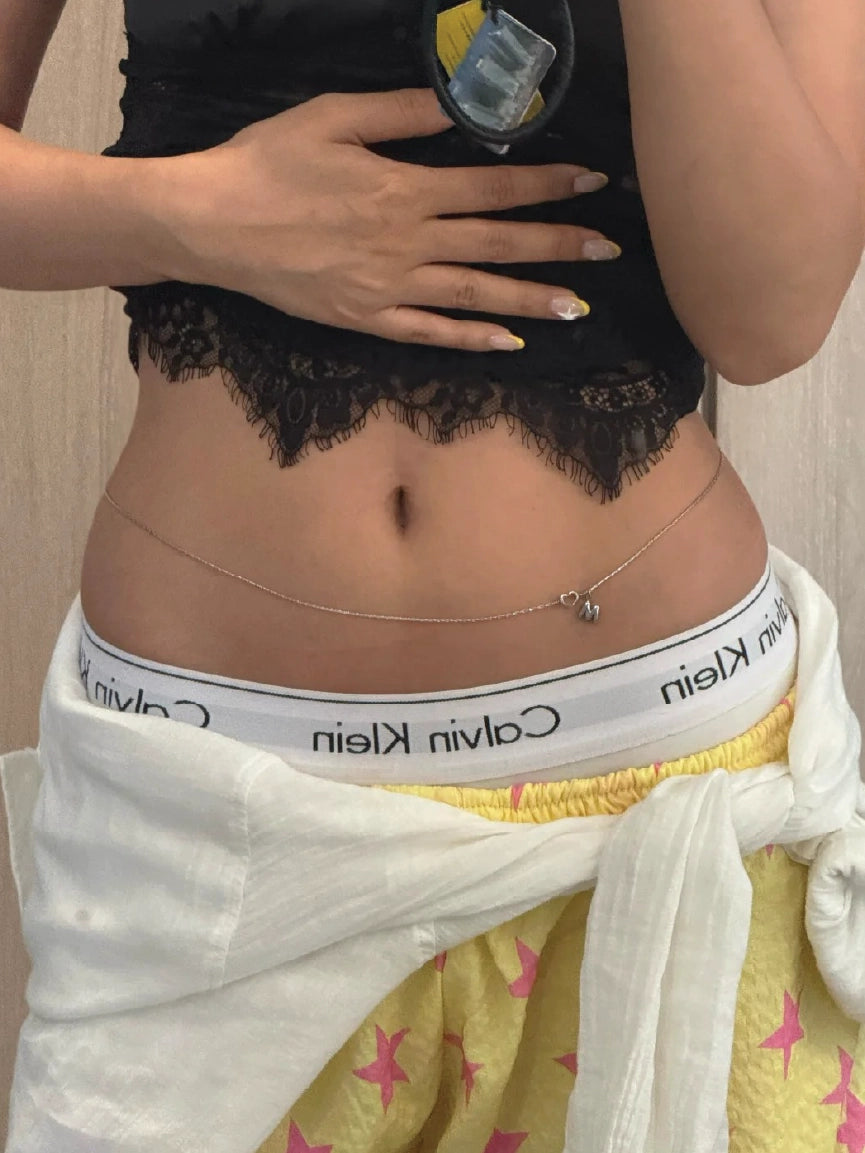 Women 2-Piece Crystal Tennis and Initial Heart Layered Belly Chain【M309】