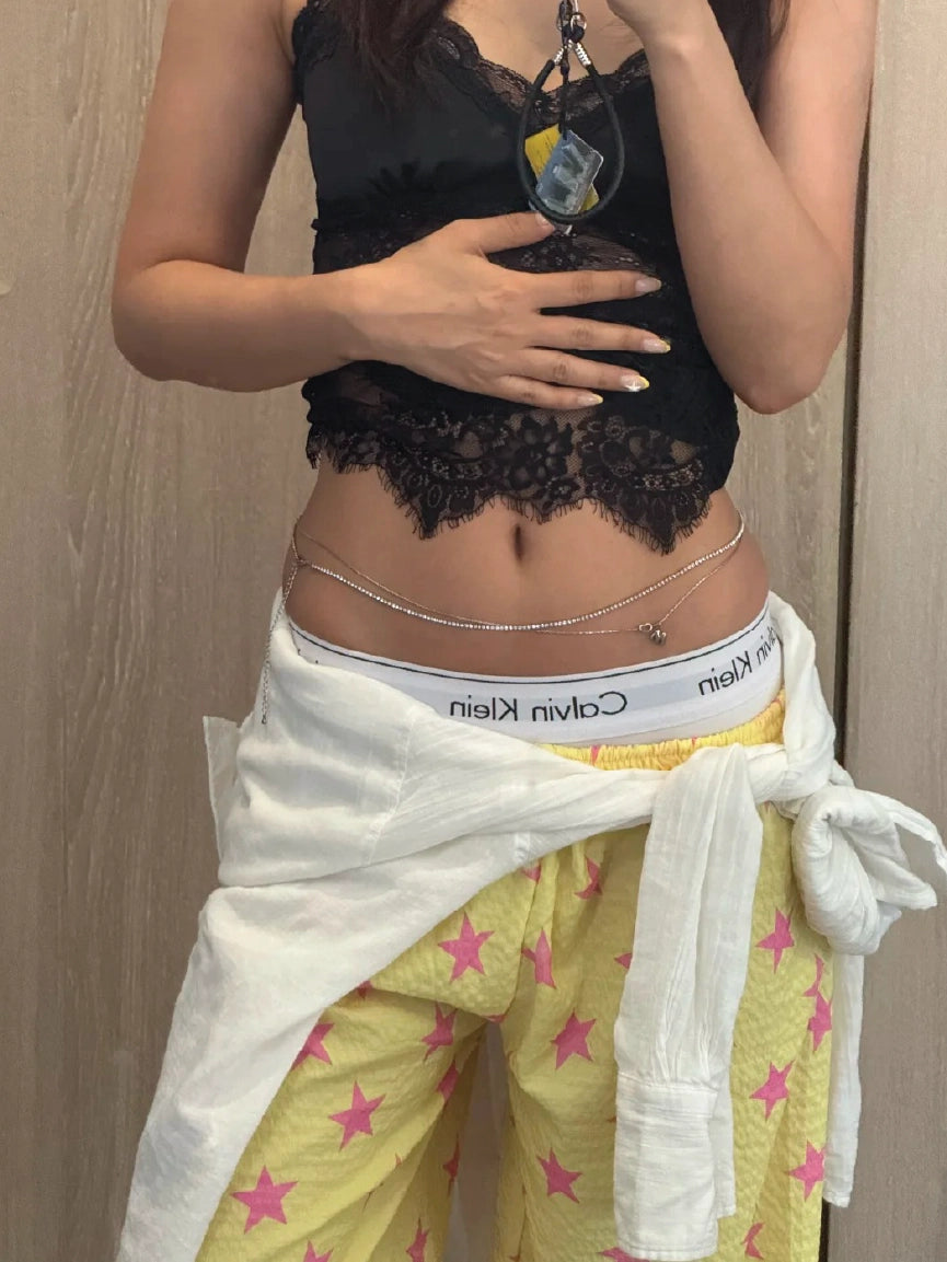 Women 2-Piece Crystal Tennis and Initial Heart Layered Belly Chain【M309】