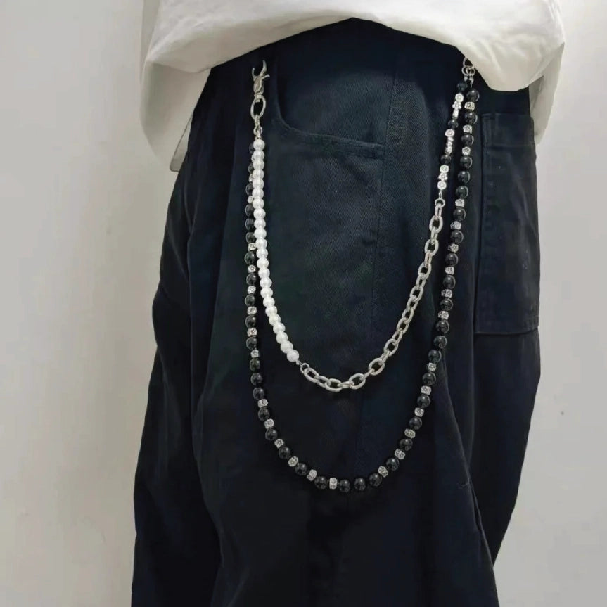 Layered Pearl Bead Metal Link Hip Hop Wallet Chain【M208】