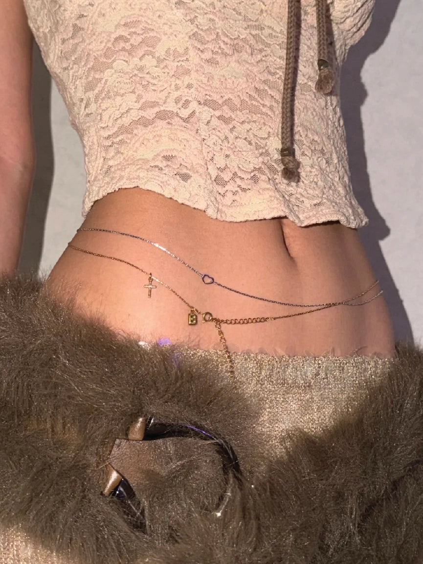 Women 2-Piece Crystal Tennis and Initial Heart Layered Belly Chain【M309】