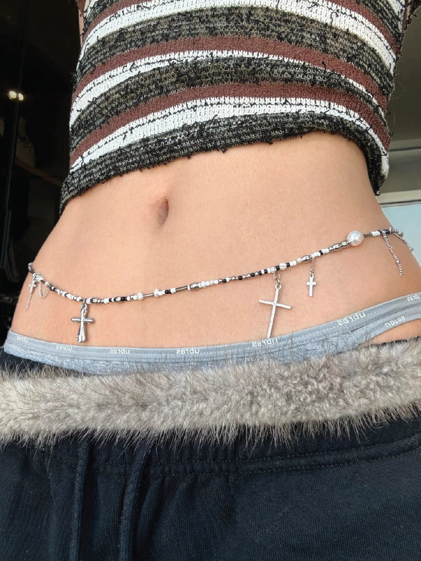 Women Gothic Silver Cross Charm Pearl Mixed Beaded Belly Chain【M312】