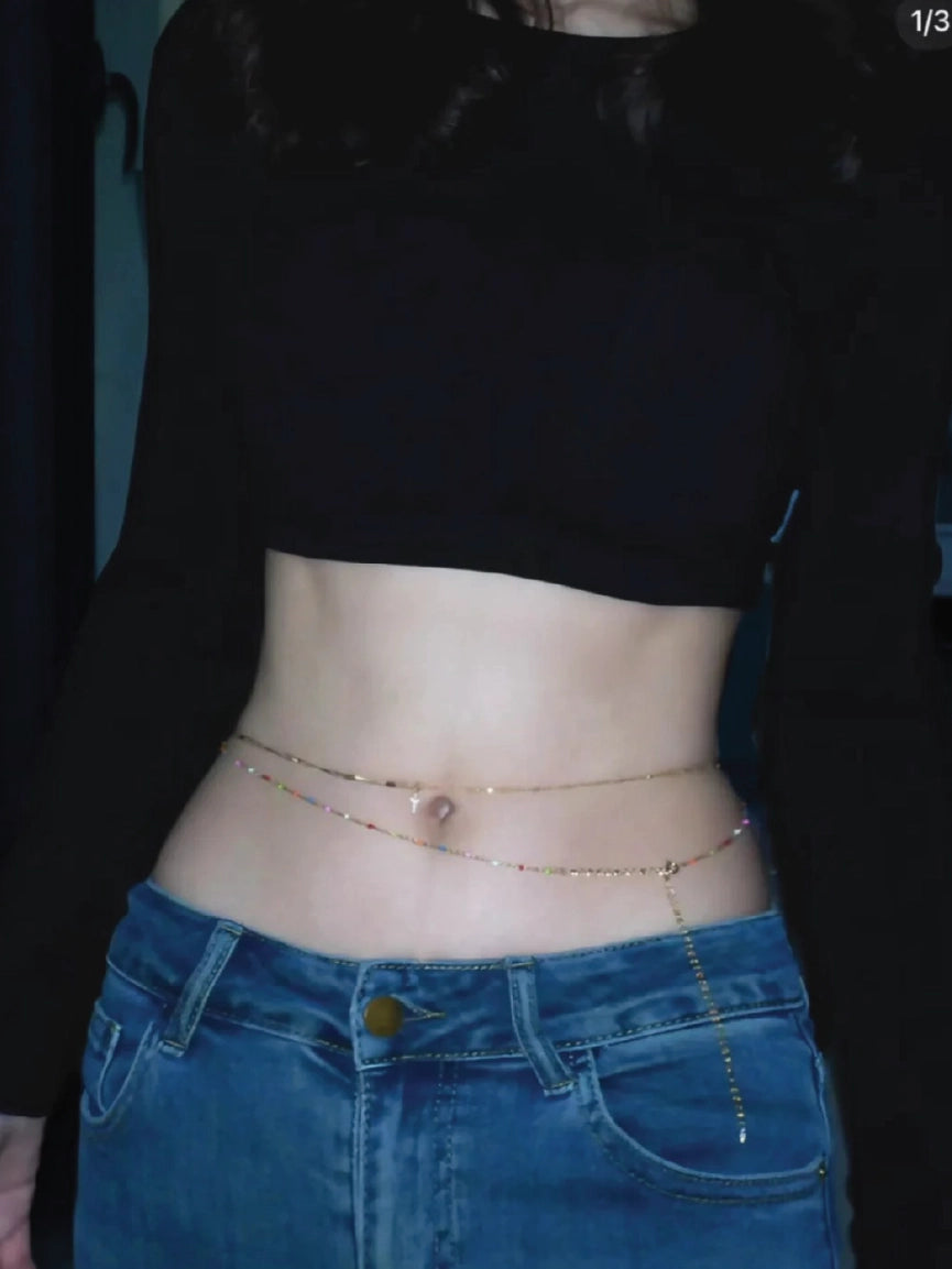 Women 2-Piece Gold Dainty Cross and Colorful Beaded Belly Chain【M314】