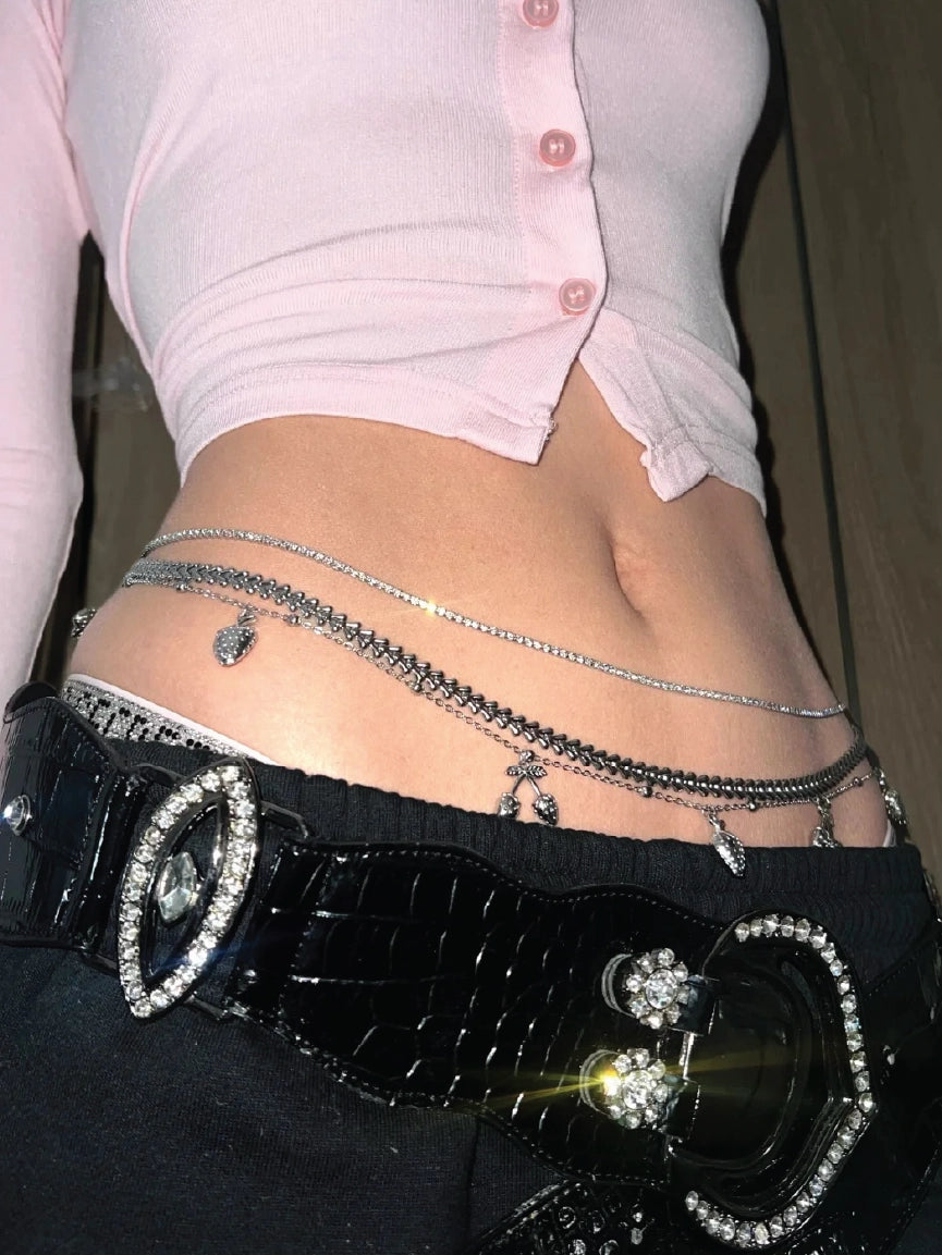 Women Coquette Silver Cherry Strawberry Fruit Charm Layered Belly Chain【M317】
