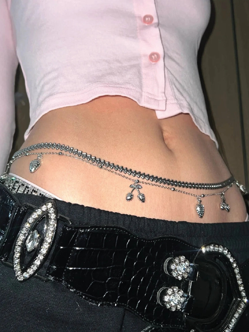 Women Coquette Silver Cherry Strawberry Fruit Charm Layered Belly Chain【M317】