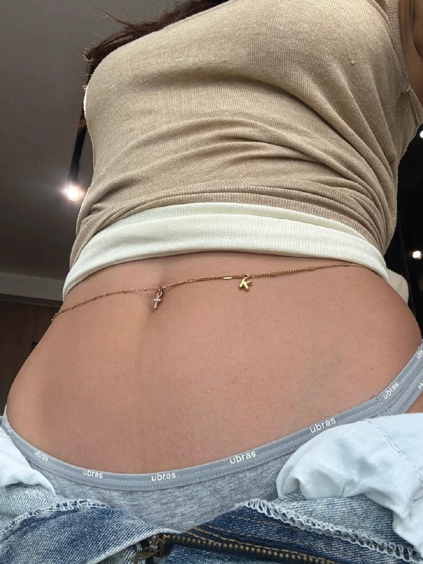 Women Dainty Gold Custom Initial Letter Cross Charm Belly Chain【M320】