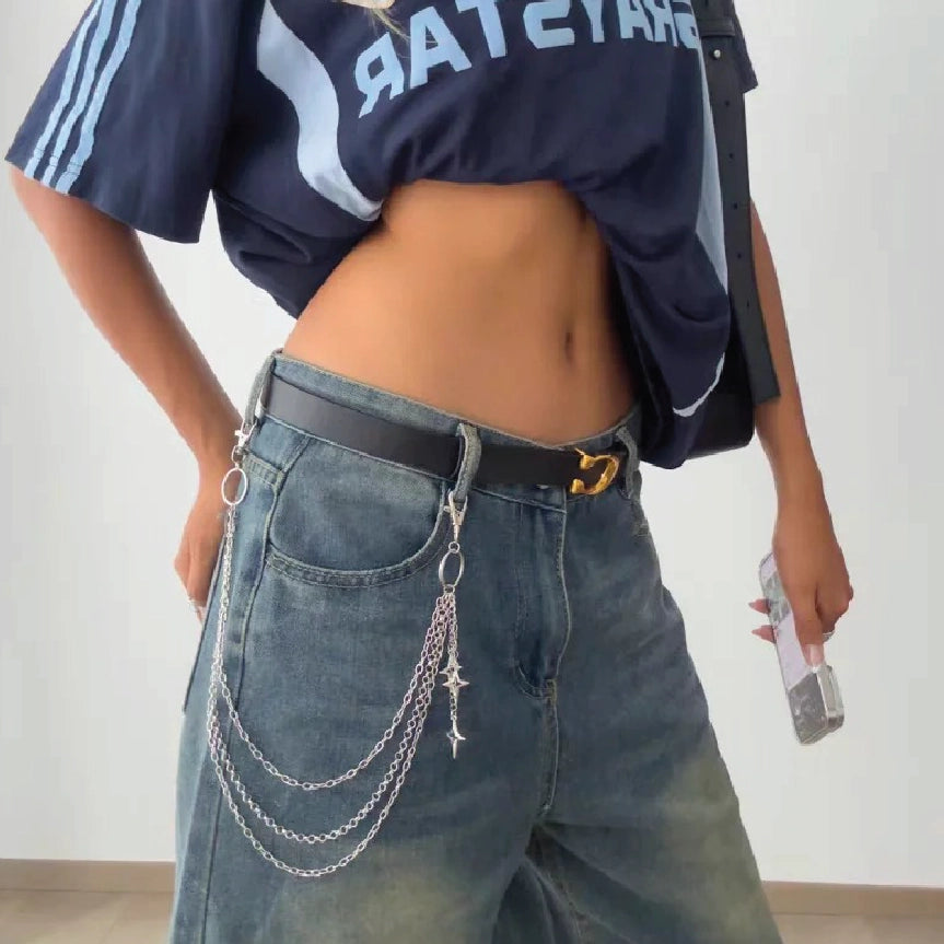 Women Layered Star Charm Hip Hop Wallet Chain Silver【M217】