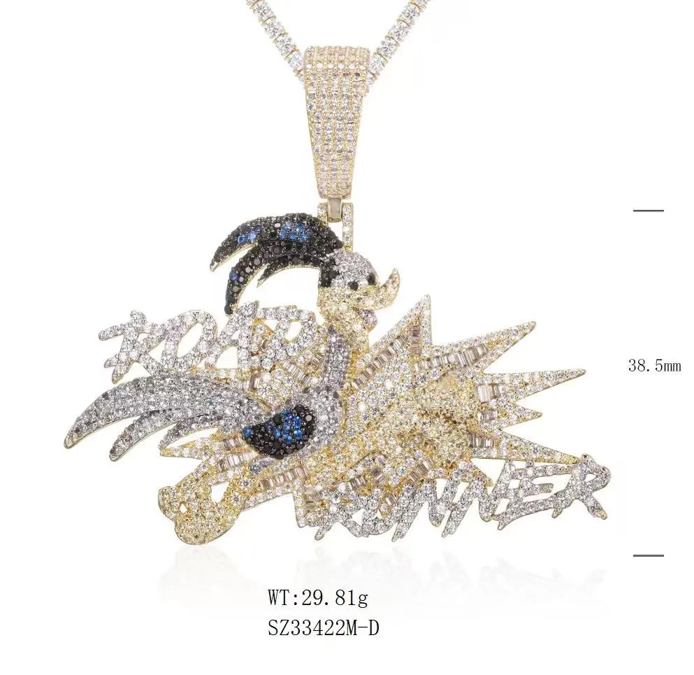 Size and weight specification of Road Runner cartoon moissanite pendant, marked with 38.5mm height and 29.81g weight, fully paved stone hip hop pendant displayed on plain white background