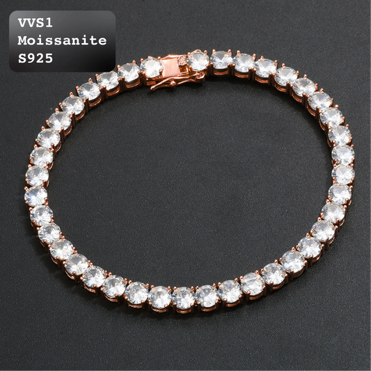 Rose gold plated single row round moissanite tennis bracelet, prong set clear stones with box clasp, classic hip hop icy tennis jewelry on dark black background