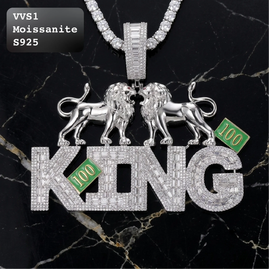 VVS1 moissanite double lion KING letter pendant crafted in S925 sterling silver, baguette cut stone paving with green 100 bill enamel accents, paired with moissanite tennis chain on black marble background
