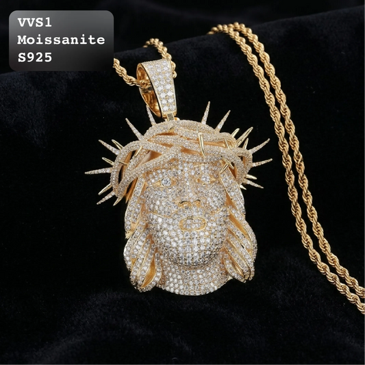 VVS1 moissanite fully iced Jesus head pendant with crown of thorns, crafted in S925 sterling silver with gold finish, paired with gold rope chain on black velvet background