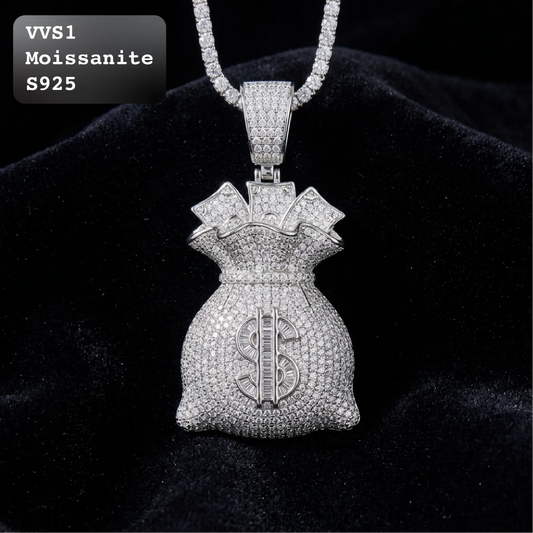 VVS1 moissanite fully iced money bag pendant with dollar sign and protruding cash bills, crafted in S925 sterling silver, paired with moissanite tennis chain, displayed on soft black velvet background