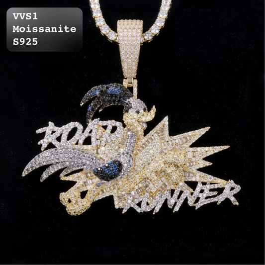VVS1 moissanite fully iced Road Runner cartoon character pendant, two-tone gold S925 sterling silver hip hop jewelry with baguette cut stones and burst lettering design, attached to moissanite tennis chain