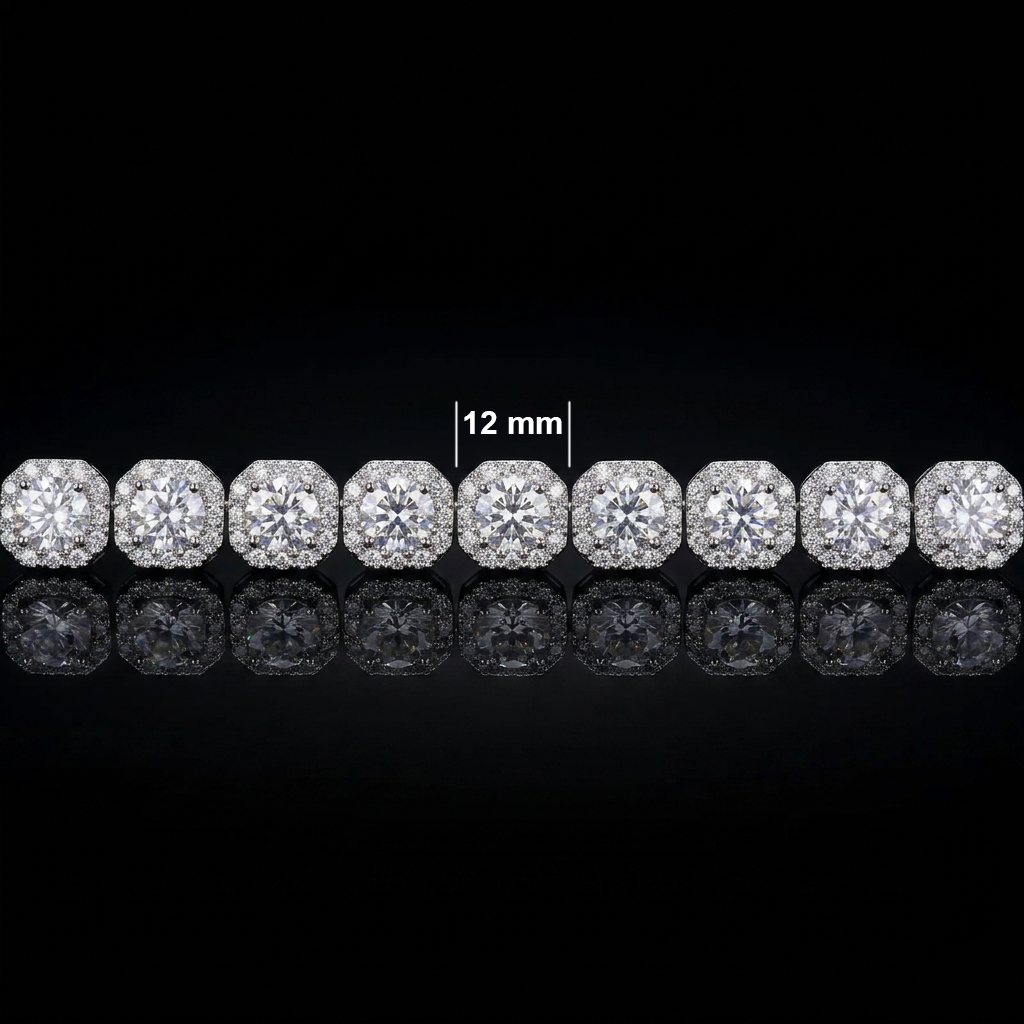 Size specification shot of silver square halo cluster moissanite chain, marked 12mm link width, continuous icy stone links on reflective dark background