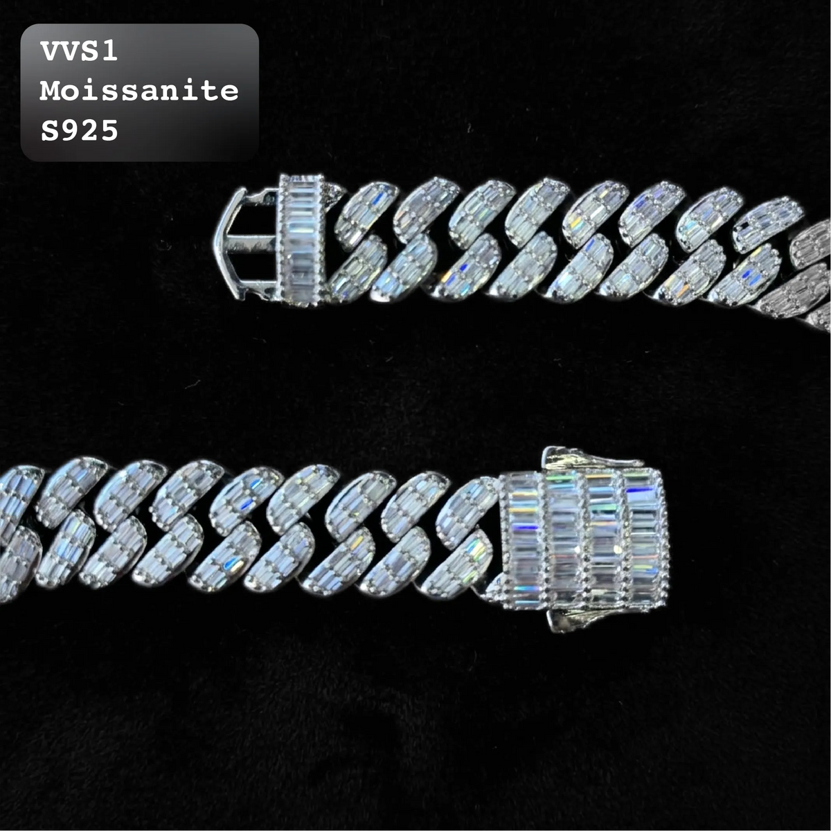 A silver-tone Cuban link bracelet embellished with baguette-cut and round moissanite stones, displayed on a black background. A text overlay in the top-left corner reads 'VVS1 Moissanite S925'.