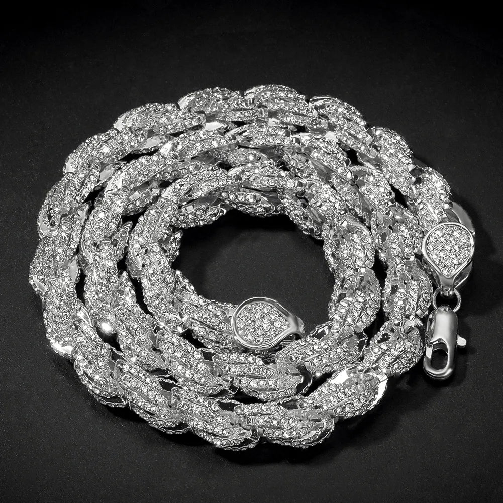 Silver tone fully iced moissanite rope chain with teardrop encrusted lobster clasp, twisted link micro pave hip hop mens necklace