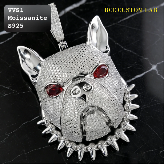 Silver tone fully micro pave moissanite 3D pitbull head pendant with polished metal ears, red gemstone eyes and sculpted spiked dog collar, tough street style custom hip hop animal jewelry with full iced bail