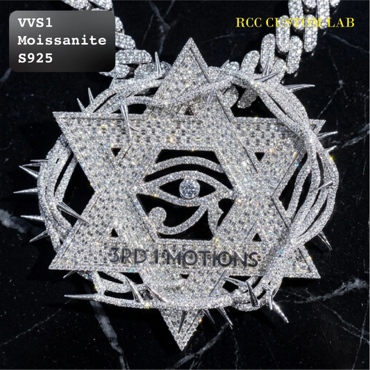 A silver-toned spiked pendant featuring a Star of David, an eye motif in the center, and a chain, displayed on a black marble background with text overlays.
