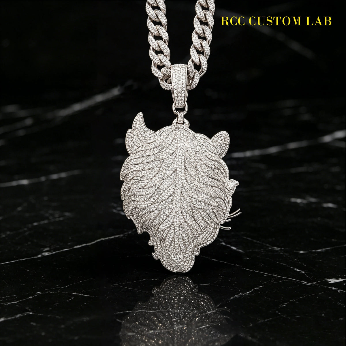 Rear view of fully encrusted moissanite tiger head pendant, textured hair pattern backplate, icy custom hip hop animal charm with encrusted bail and cuban link chain