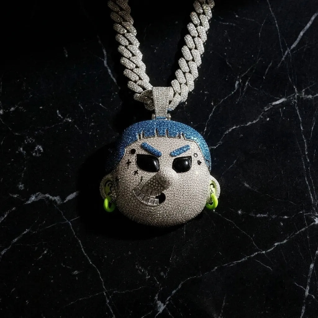 Full pave streetwear cartoon character head pendant with blue hair and grin detail in VVS1 moissanite and S925 sterling silver.