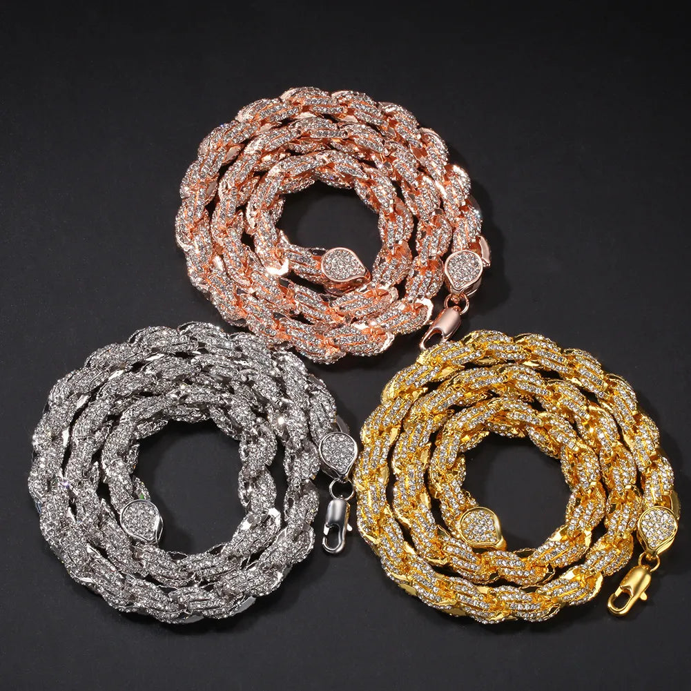 Three color options fully iced moissanite rope chain, rose gold, gold and silver twisted stone chain coiled display, hip hop jewelry collection