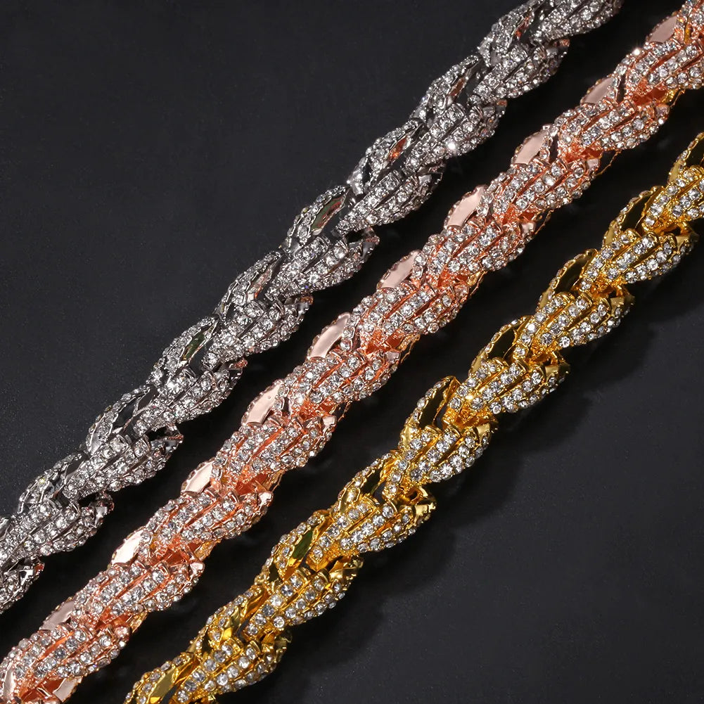 Side by side comparison of silver, rose gold and gold iced moissanite rope chain, twisted pave stone link texture display, multi tone hip hop chain options