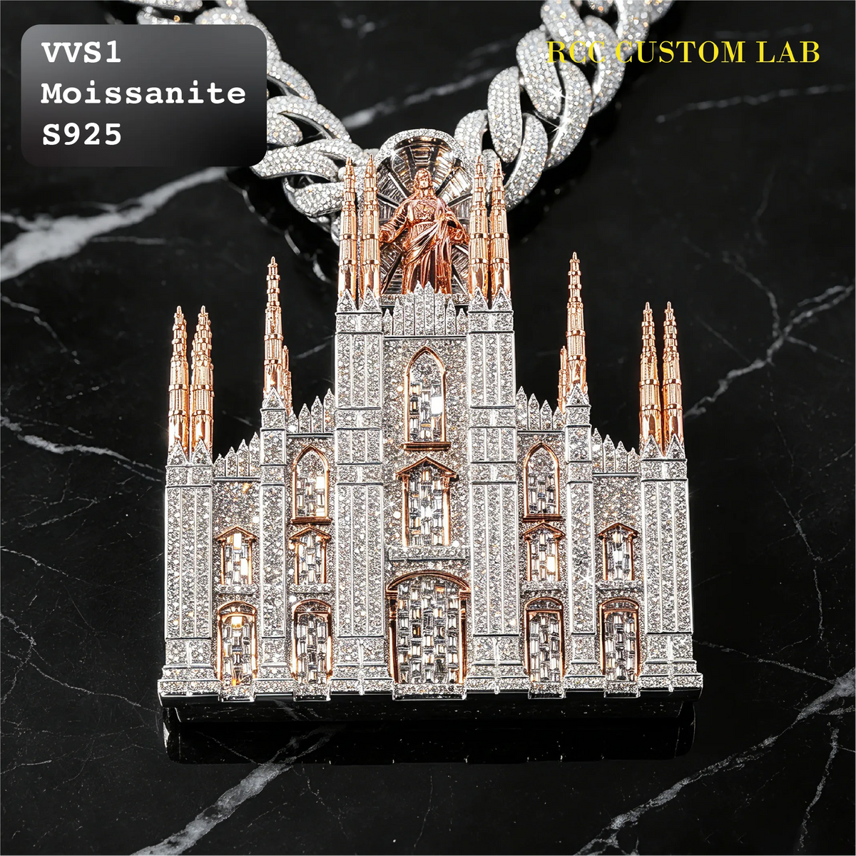 A custom Moissanite cathedral pendant necklace on a thick silver chain, displayed on a black marble background. The pendant features a silver-toned cathedral design paved with clear stones, accented with rose gold spires and a central figure.